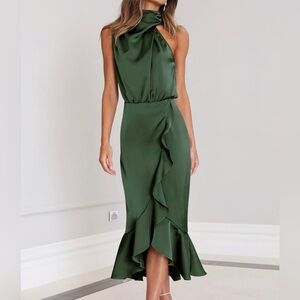 NWOT Green Satin Asymmetrical Mock Neck Sleeveless Wrap Ruffle Midi Dress
